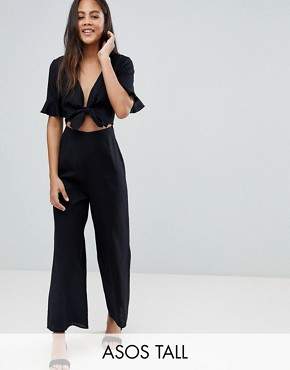 ASOS Tall DESIGN Tall tea jumpsuit with cut out and tie detail in linen