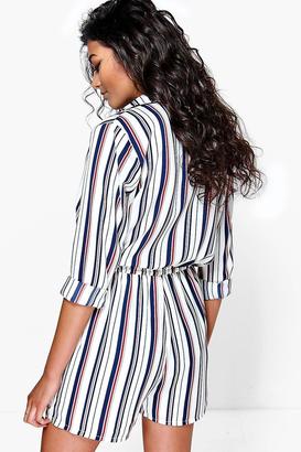 boohoo Adelle Striped Shirt Style Tie Side Playsuit