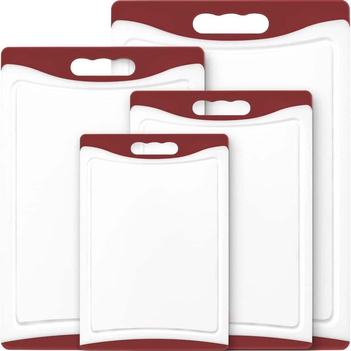Wudkey 4-Piece Extra Large Red Plastic Cutting Board Set with Juice Grooves Easy-Grip Handles