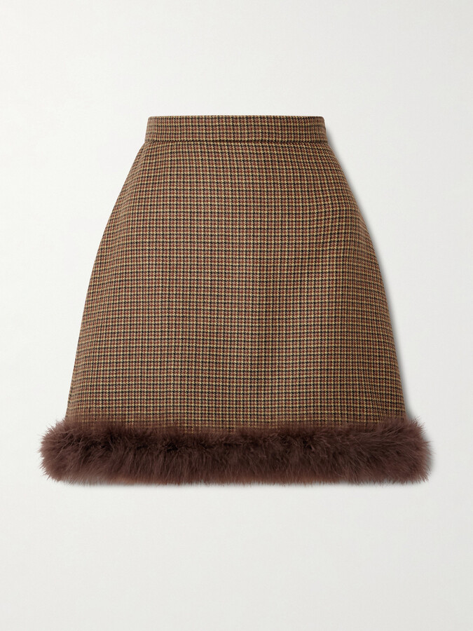 Valentino Garavani Feather-trimmed Houndstooth Wool Mini Skirt - Brown