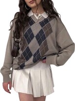 Thumbnail for your product : Ycyu Women 's Argyle Knitted Plaid Sweater Vintage Preppy Style Long Sleeve V-Neck Button Cardigan E-Girls 90s (Pink A L)