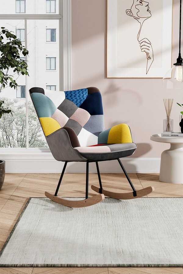 Living and Home Colourful Patchwork Rocking Chair with Wood Legs ...