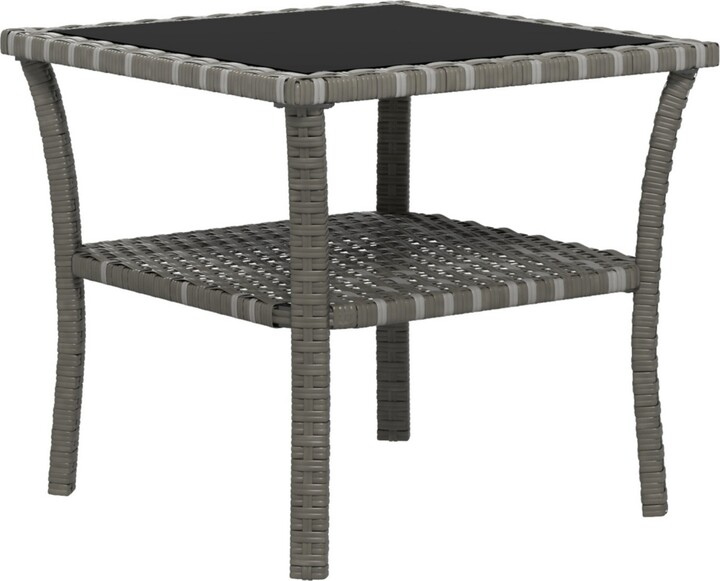 Streamdale Furniture Rattan Side Table Outdoor End Table with Storage Shelf Aluminum Frame Square Coffee Table with Tempered Glass Top Mixed Gray