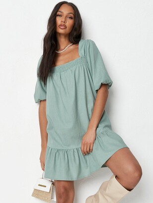 Missguided Short Sleeve Frill Hem Linen Look Smock Dress - Green