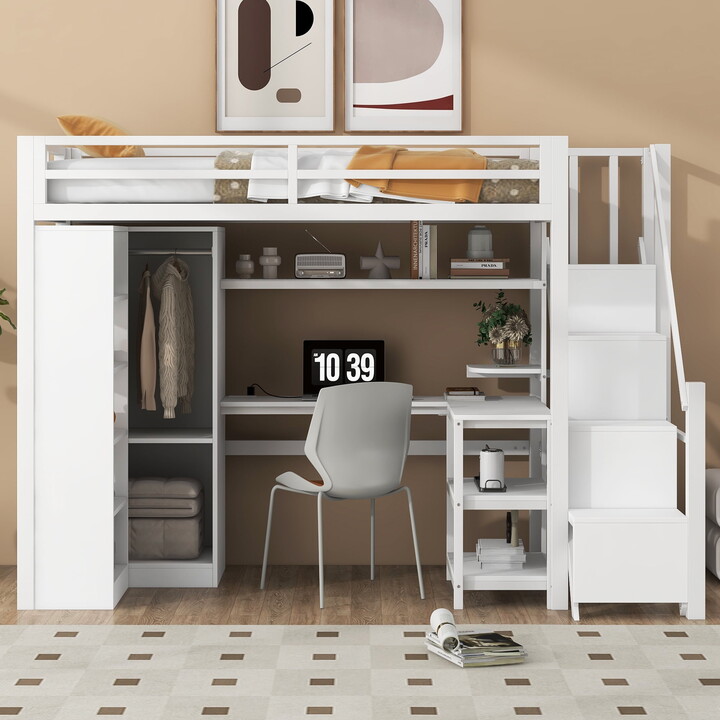 Euroco Metal Twin Size Loft Bed with Desk and Drawers, Built in Wardrobe and Shelves for Kids Teens, White