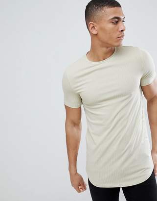 BEIGE Asos Design ASOS DESIGN muscle fit longline rib t-shirt with stretch and curved hem in