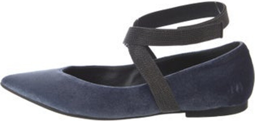 Brunello Cucinelli Velvet Slingback Flats Blue Monili Pointed-Toes with Beaded Accents Multistrap & Snap Closure at Ankles