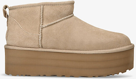 UGG Womens Beige Classic Ultra Mini Suede and Shearling Platform Ankle Boots Eur 37 / 4 Uk Women