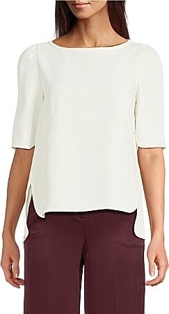 Marella Vanessa Satin Crepe Round Neck Elbow Sleeve Side Slit High-Low Hem Shirt