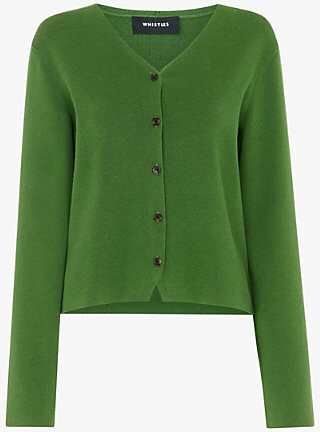 Whistles Womens Green V-Neck Regular-Fit Stretch Cotton-Blend Cardigan M
