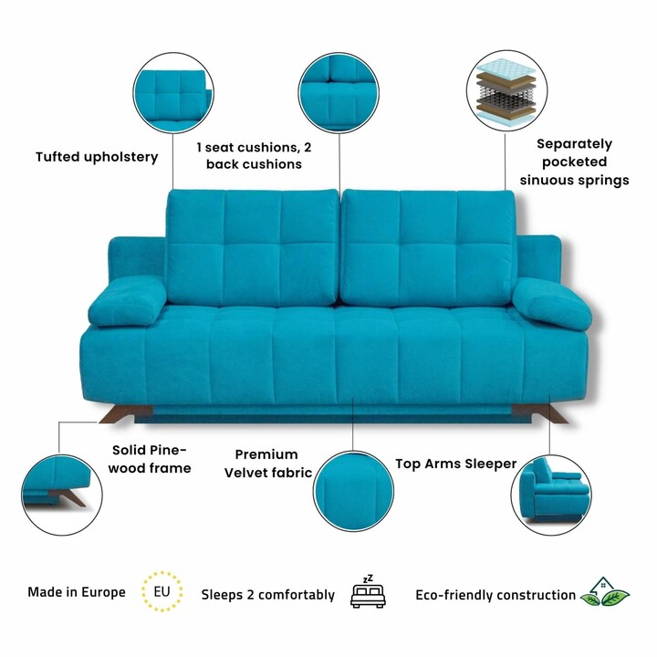 RINOLO Modern Serena Pine Wood Sleeper Sofa, Velvet Pillow Top Arm Sofa