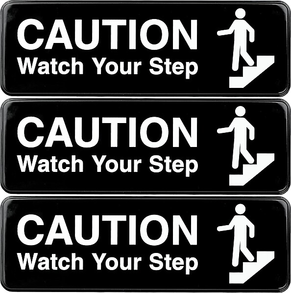 Excello Global Products Caution Watch Your Step Indoor/Outdoor Wall Sign, 9" x 3", Black/White, 3/Pack (EGP-HD-0268-S)