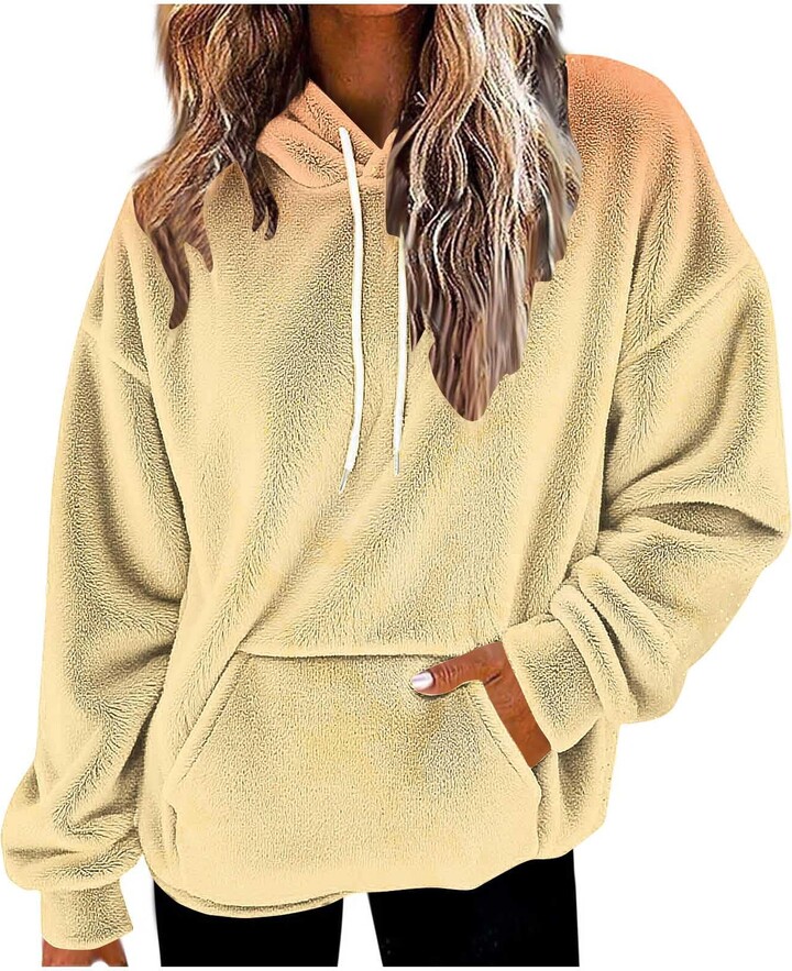 HGps8w Women's Gradient Fuzzy Fleece Hoodies Pullover Oversized Plush Sweatshirt Winter Warm Pullover Thermal Tops