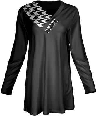 Lily Women's Tunics BLK - Black & White Houndstooth-Contrast Pull-Through Collar Tunic - Women & Plus