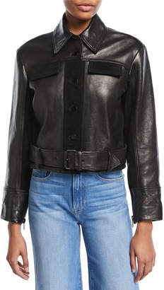 Frame Button-Front Paneled Leather Moto Jacket