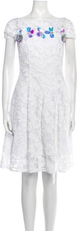 Talbot Runhof A-Line Dress White Lace Pattern Beaded, Sequin & Crystal Accents Short Sleeve with Bateau Neckline Concealed Zip Closure at Back
