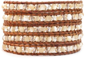 Chan Luu Mother of Pearl and Crystal Bead Wrap Bracelet on Brown Leather
