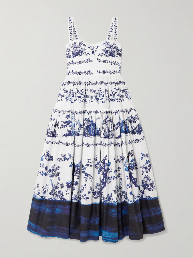 Erdem Tiered Floral-print Cotton-poplin Midi Dress - Blue