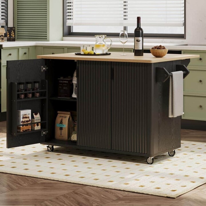 Cesicia Black Wood Tabletop 51 in. Farmhouse Kitchen Island on 4 Wheels with Drop Leaf, Internal Storage Rack and Towel Rack