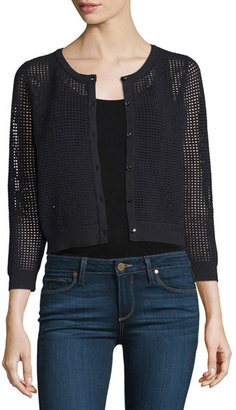 Milly 3/4-Sleeve Button-Front Mesh Cardigan, Black