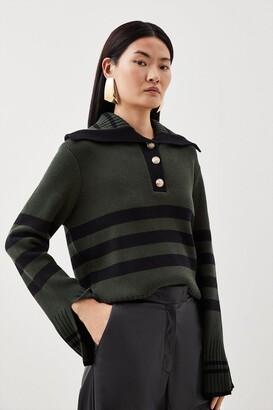 Karen Millen Viscose Blend Chunky Knit Button Up Fly Collar Striped Jumper  - ShopStyle