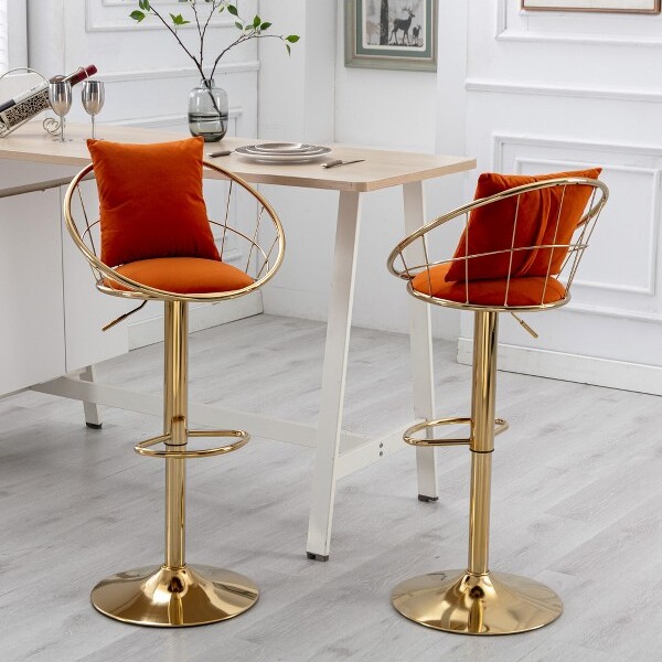 GulchesSetof2OrangeVelvetBarChairs-360¡ãRotationHeightAdjustablePureGoldPlatedUniqueBackDesignwithFootrest
