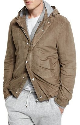 Brunello Cucinelli Suede Hooded Shirt Jacket, Taupe