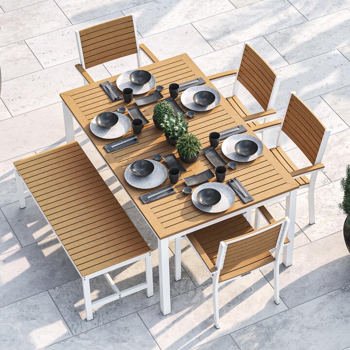 Oxford Garden Travira 6 Piece Chalk Aluminum Patio Dining Set W/ Natural Tekwood Armchairs, 63" Rectangular Natural Tekwood Table & Backless Bench