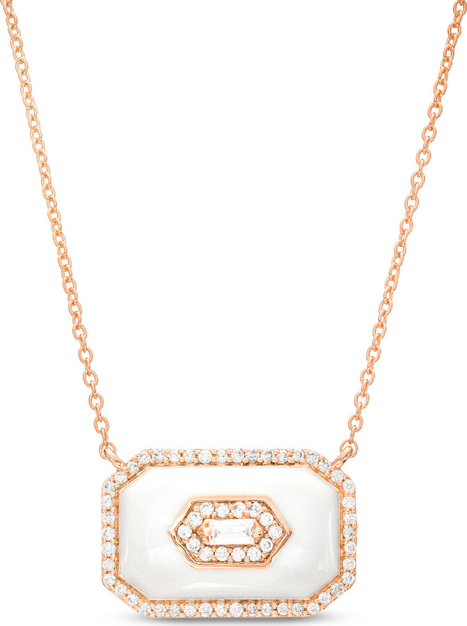 Zales 1/5 CT. T.w. Baguette Diamond Octagonal Frame White Enamel Necklace in Sterling Silver with 14K Rose Gold Plate