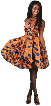 IBTOM CASTLE Women Girl African Printed Maxi Flared Skirt High Waist A Line Dress Short Multi-Way Wrap Infinity Gown with Pockets S