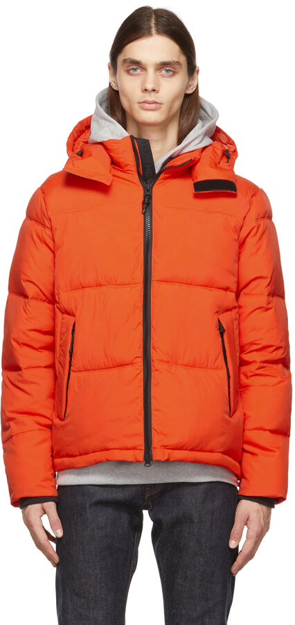 blue and orange puffer jacket