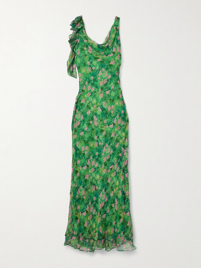 Saloni Asher B Ruffled Draped Printed Silk-crepon Gown Green
