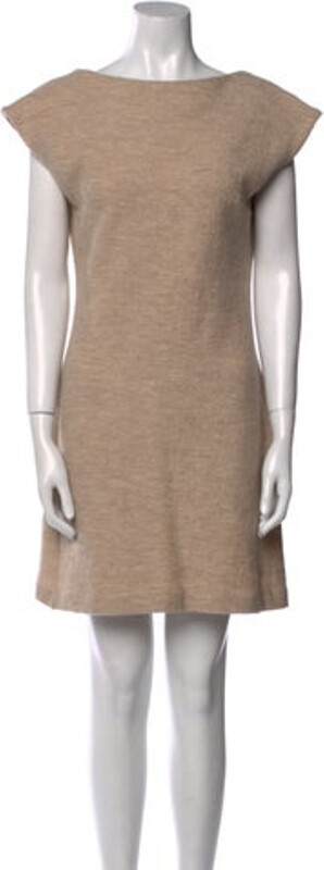 AAIZÉL Wool Shift Dress Brown Short Sleeve with Bateau Neckline