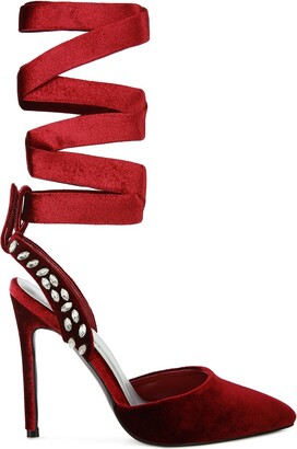 Red Velvet Block Heels, Pointy Red Heels, Red Soles, Ankle strap shoes –  Elise Anaïs