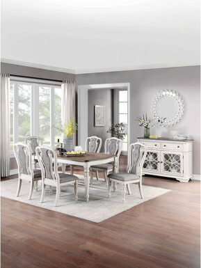Hokku Designs Transitional Style 7Pc Dining Set Dining Table W Oak Top 6Xside Chairs Cushion Seat Antique White Kitchen Dining Room
