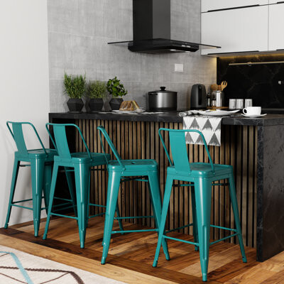 Latitude Run Metal Counter Height Stool (4) - Contemporary Industrial With Curved Back Teal Blue Of 4 24\