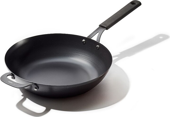 OXO Obsidian Pre-Seasoned Carbon Steel 12-in. Induction Wok Pan with Removable Silicone Handle Holder