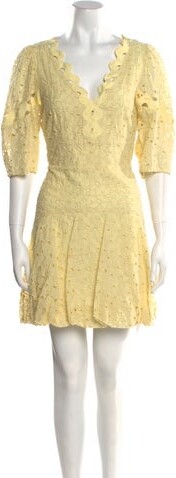 Rebecca Taylor Lace Pattern Mini Dress w/ Tags Rebecca Taylor A-Line Dress Yellow Lace Pattern Eyelet & Embroidered Accents Three-Quarter Sleeve with V-Neck Concealed Zip Closure at Side Designer