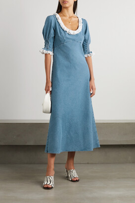 Rixo Juliette Broderie Anglaise-trimmed Denim Midi Dress - Blue