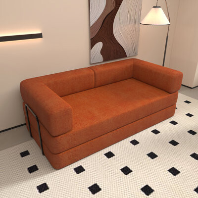 Latitude Run Convertible Bed Orange Red Corduroy 3 - Seat Folding Mattress Floor Lounge Fixed Shape Frame Living Room  Square Arms Memory Foam Filler Couch S