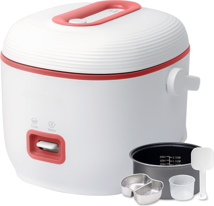 AsterOutdoor Mini Rice Cooker 2-Cup Capacity, Non-Stick Pot, Multi-Function Food Steamer, Compact for Dorm, Office, RV, Baby Meals (Pink)