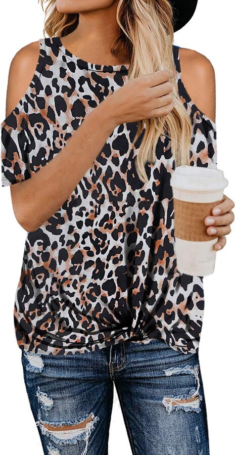 Thyone Womens Casual Leopard Cold Shoulder Long Sleeve Loose Pullover Tops