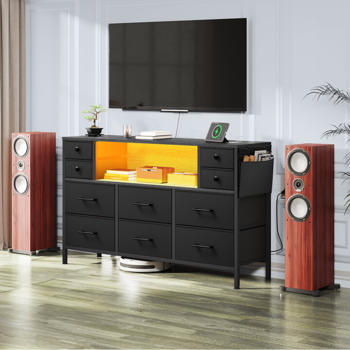 Uforic 10-Drawer Fabric Dresser for Adults, Storage Chest with LED Lights & Power Outlets, TV Stand