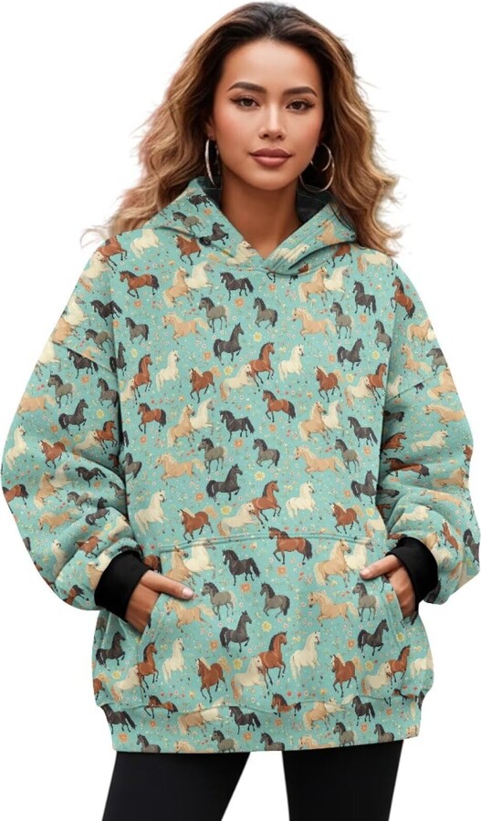 Guosanchn Horse Long Sleeve Hoodies for Women Cherry Blossom Graphic Crewneck Drop Shoulder Hooded Hoodies with Kangaroo Pocket Pink Winter Fleece Pullover Tops Loose Clothes 2XL