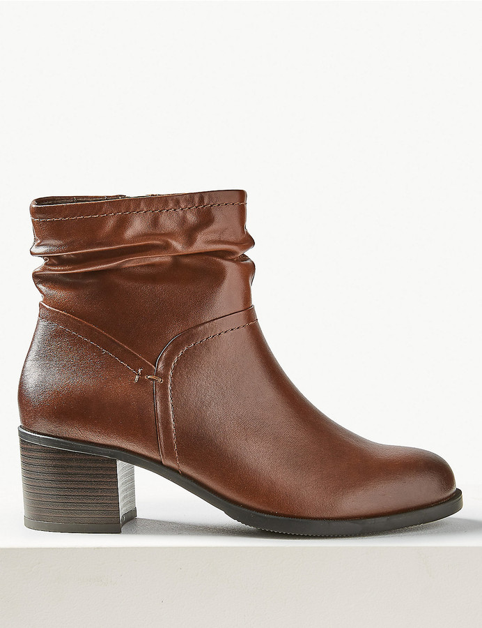 Marks and Spencer Wide Fit Leather Ruched Block Heel Ankle Boots
