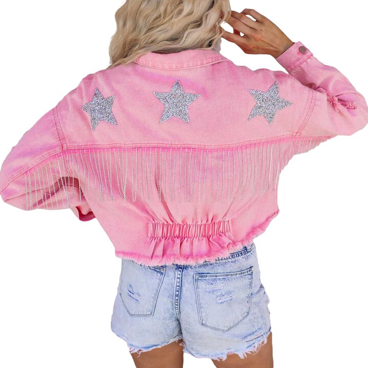 RTGSE Womens Crop Denim Fringe Jacket Distressed Ripped Tassel Fringe