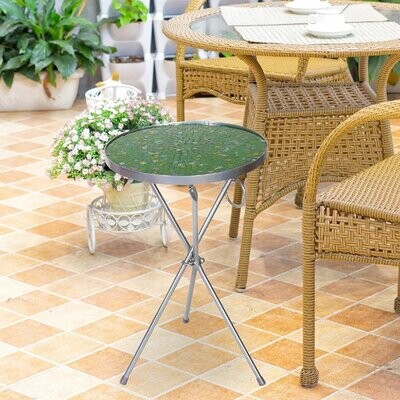 14 Round Side Table,End Table VINGLI Mosaic Accent Table Metal Cobalt Glass Top Black Iron Blue Hawaii Plant Stand Decor for Patio Porch Beach Theme Balcony Back Deck Pool Indoor Outdoor Coffee 