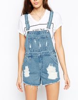 Thumbnail for your product : ASOS COLLECTION Denim Overall Short in Vintage Mid Wash With Raw Hem