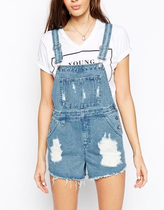 ASOS COLLECTION Denim Overall Short in Vintage Mid Wash With Raw Hem