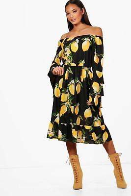 boohoo Womens Philly Lemon Off The Shoulder Ruffle Midi Dress